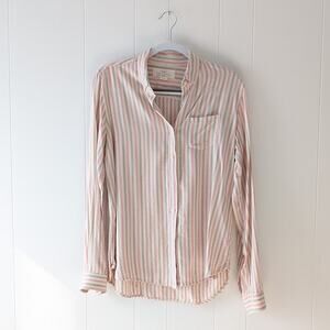 TROVATA Birds of Paradis Pink Stripe Linen Cotton Button Down Shirt, size S